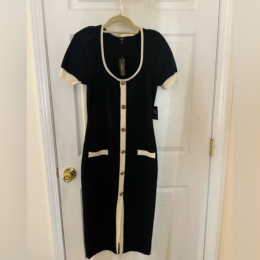 Express Black Midi Dress with Cream Trim